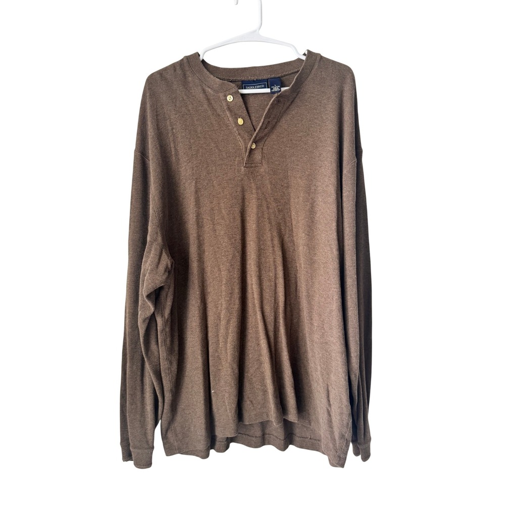 Saddlebred Mens Brown Long Sleeve Henley Shirt 100 Cotton Size Large Heathered